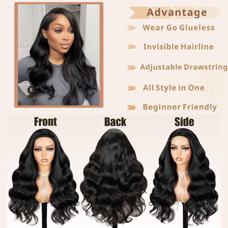 Rsshnlo Body Wave Half Wig Human Hair 200% Density 3 In 1 Wear and Go Glueless Wigs Human Hair Seamless Half Wigs Human Hair Flip Over Wig Drawstring Headband Wig Human Hair Beginner Friendly 26 Inch