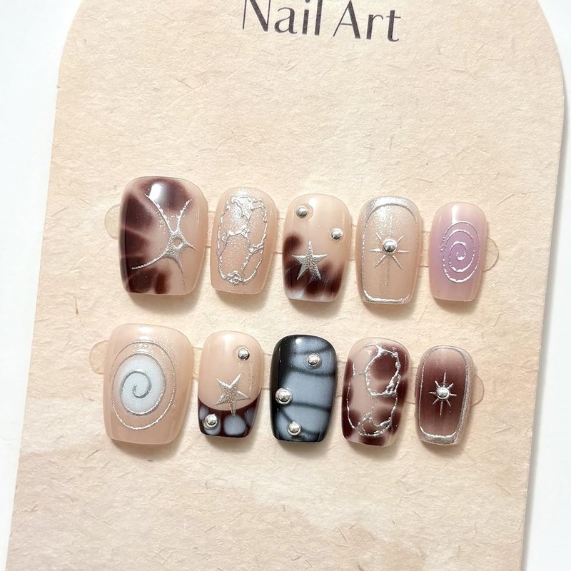 CyberPunk Y2K Press on Nails Short Square Metallic Silver Star Swirl False Nails Gothic Gradient Brown Blue Fake Nails French Tip Nails Press ons for Women Manicure 30Pcs