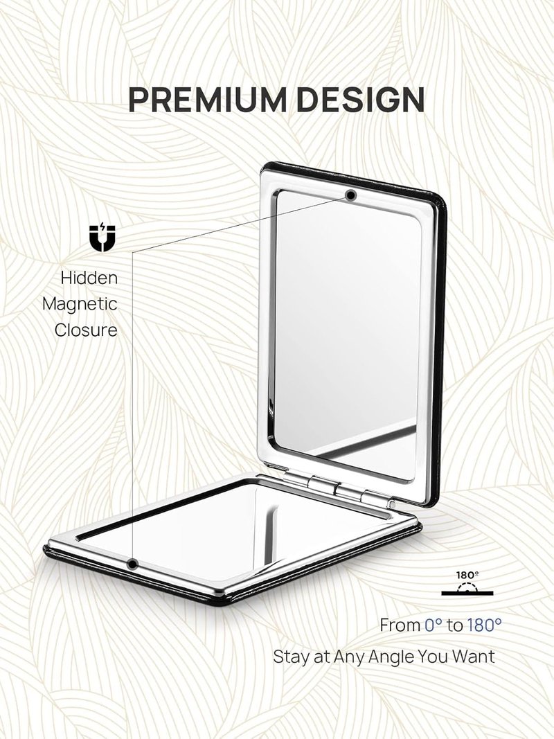 OMIRO Compact Mirror - Ultra Portable PU Leather with 1X/3X Magnification | 2.4" W x 3.4" L (Black)