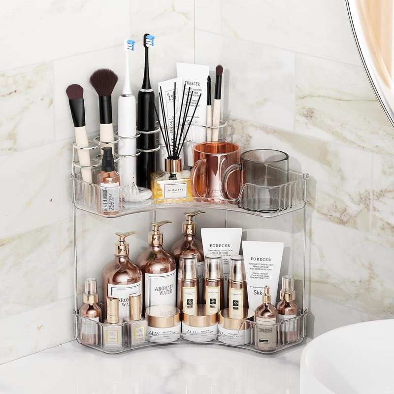 2-Tier Corner Bathroom Counter Organizer - Large Makeup & Skincare Holder | Clear Finish