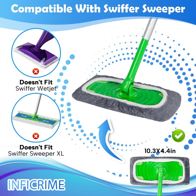 INFICRIME 6 Pack Reusable Microfiber Mop Pads Compatible with Swiffer Sweeper Mop, Dry Sweeping Cloths & Wet Mopping Cloths, Washable Mop Pads for Surface/Hardwood Floor Cleaning (Mop is Not Included)