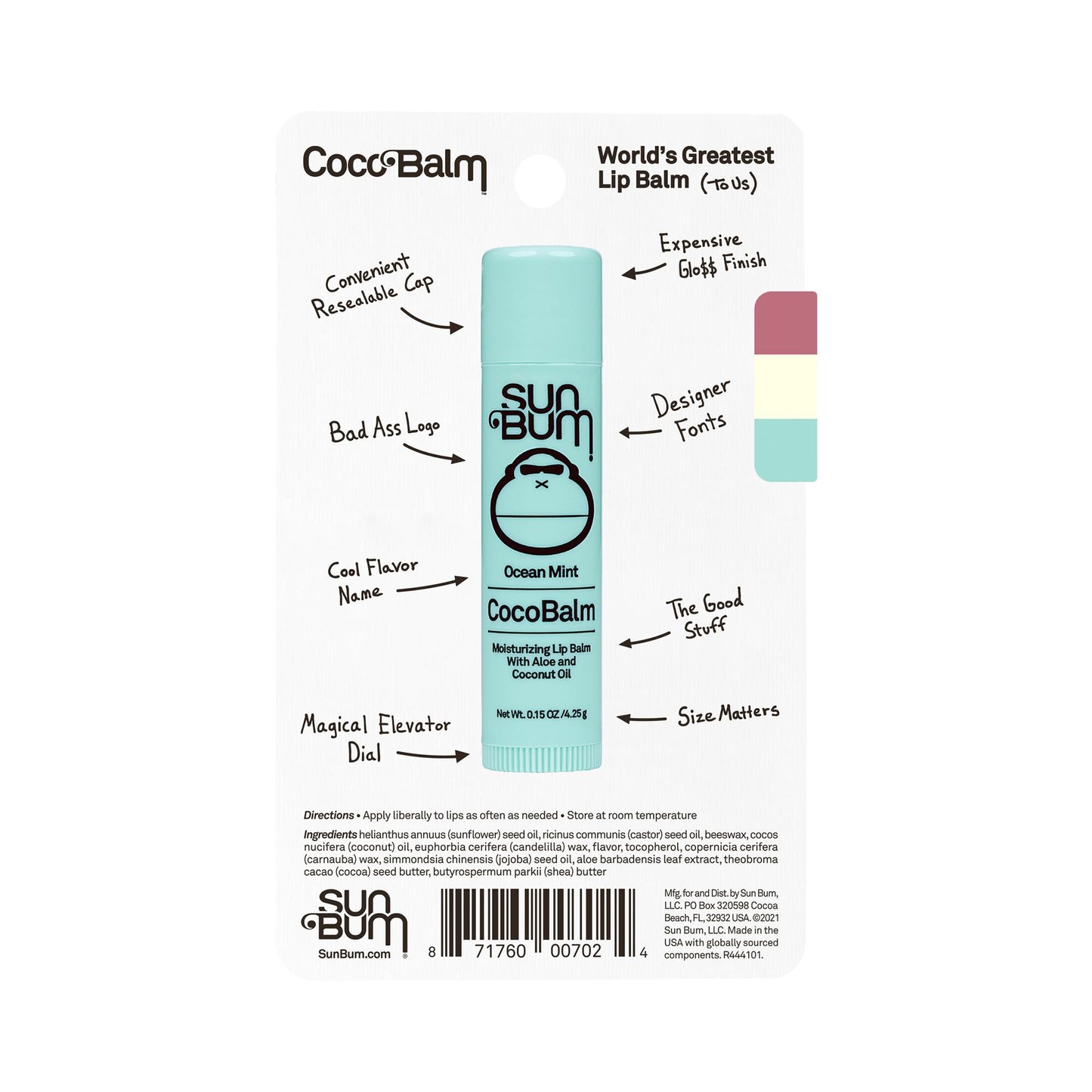 Sun Bum Cocobalm 3 Flavor Variety Pack - Ocean Mint, Piña Colada, and Groove Cherry - Hydrating Lip Balm with Coconut Oil and Aloe Vera (0.15 oz, 3 ct)