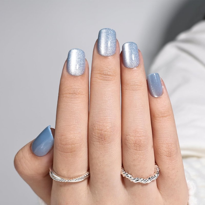 Leefrei Press On Nails, Short Square Blue Press on Nails Arctic Glazed Nails Press Ons for Women DIY Fake Nails Kit with Glue, Glossy Reusable Glue on Nails Short in 15 Sizes - 30pcs, Arctic Glaze