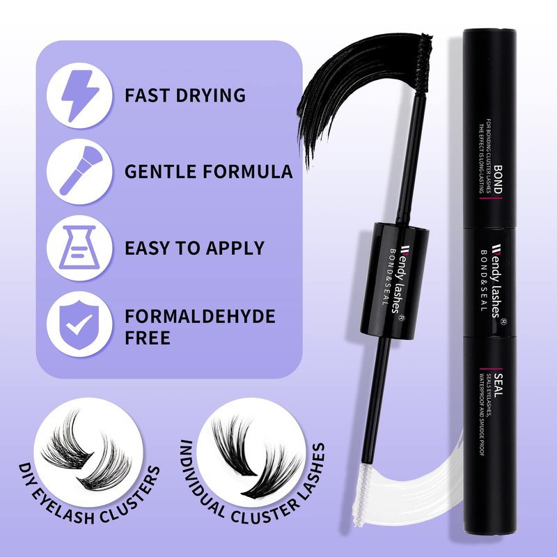 Lash Bond and Seal for Eyelash Cluster: Wendy, Using at Home, 2 in 1 Glue, DIY, Strong & Flexible Hold, 5ml Black Bond, 5ml Clear Seal