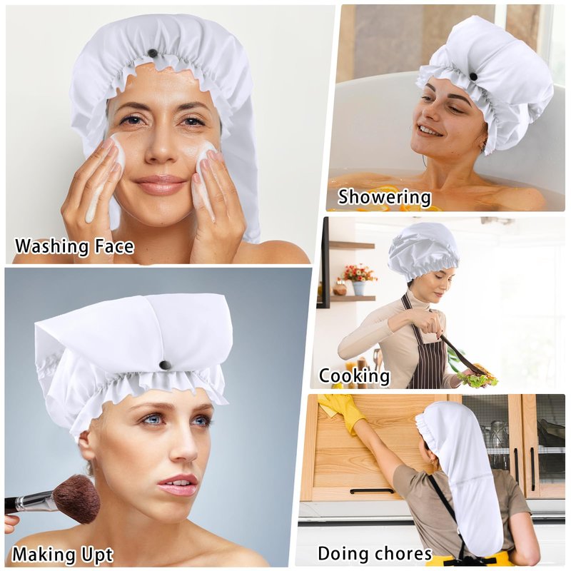 Large Shower Cap for Braids, Extra Long Shower Cap for Women Long Hair & Locs, Waterproof Hair Bonnets for Dreadlocks Drawstring Bath Caps for Women & Men (White)