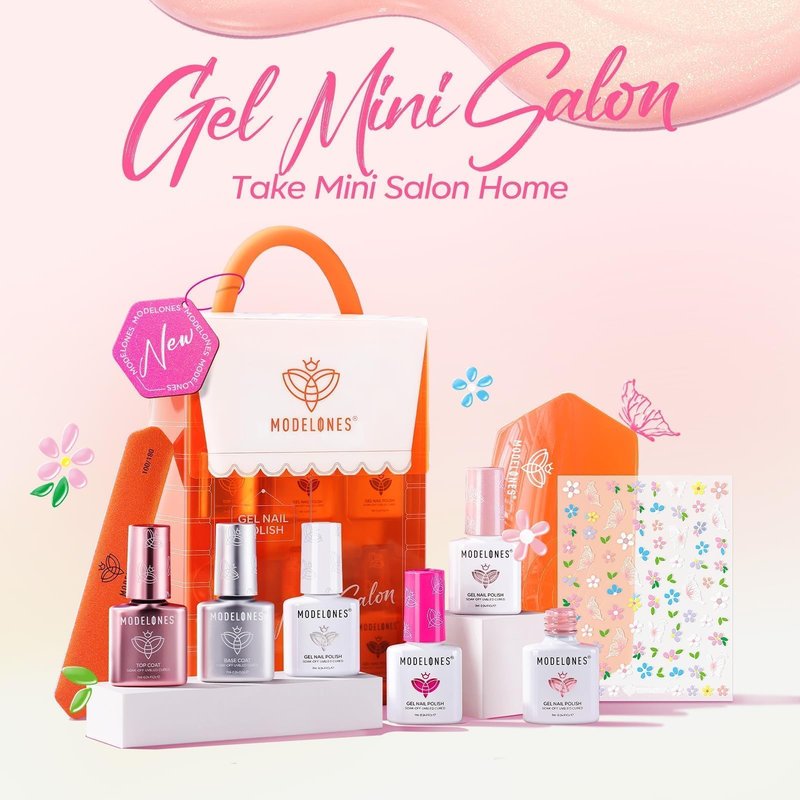 Modelones Gel Nail Polish Kit with U V Light, White Jelly Glitter Hot Pink Neon Pastel Manicure Set, Flower Stickers Base Top Coat 4 Colors Gel Mini Salon Nail Art Tools Starter Gift for Women