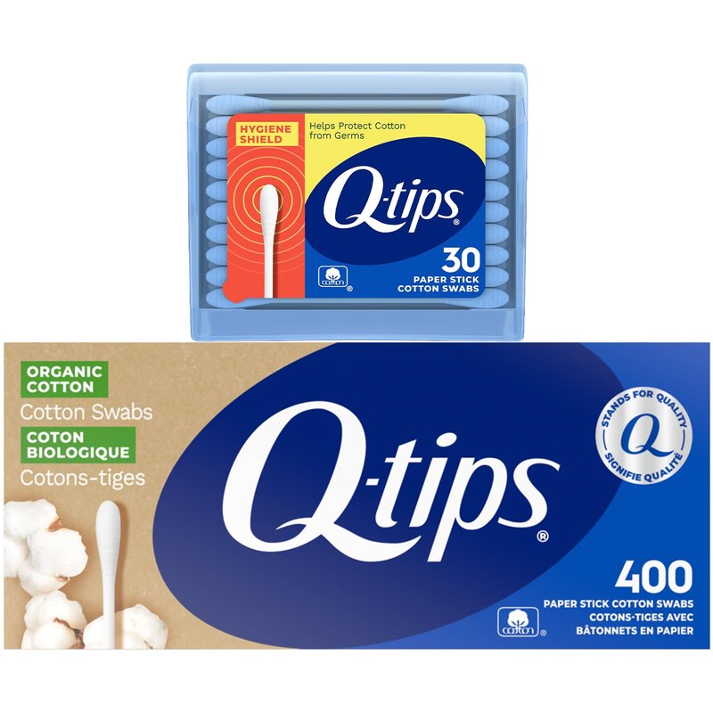 Q-tips Cotton Swabs Organic 400 Count + Hygiene Shield Travel-Size 30 Count – For Baby, Beauty and First Aid, 100% Cotton