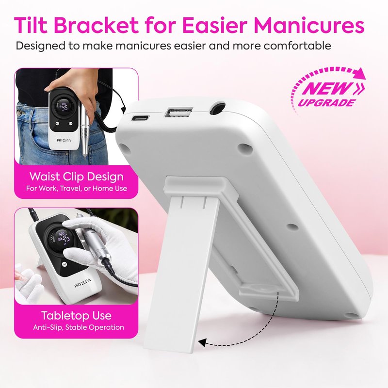 Professional Electric Nail Drill File: 45000RPM Portable Rechargeable Nail E File Machine for Acrylic Nails Gel Polishing, Cordless Efile with 7 Drill Bits, 56 Sanding Bands for Manicure Salon Home