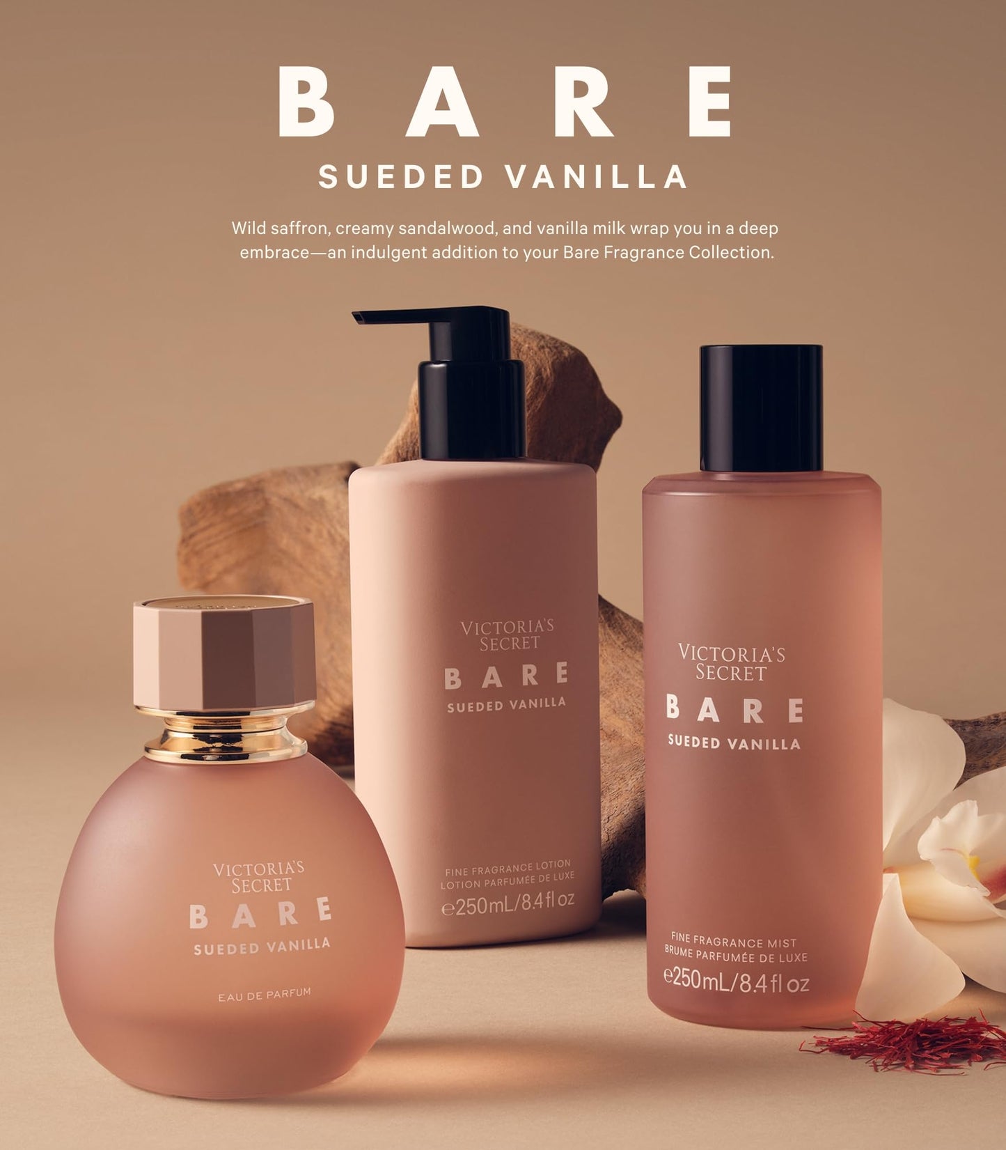 Victoria's Secret Bare Sueded Vanilla Fragrance Mist, Notes of Wild Saffron, Creamy Sandalwood, Vanilla Milk, Body Spray for Women (8.4 oz)
