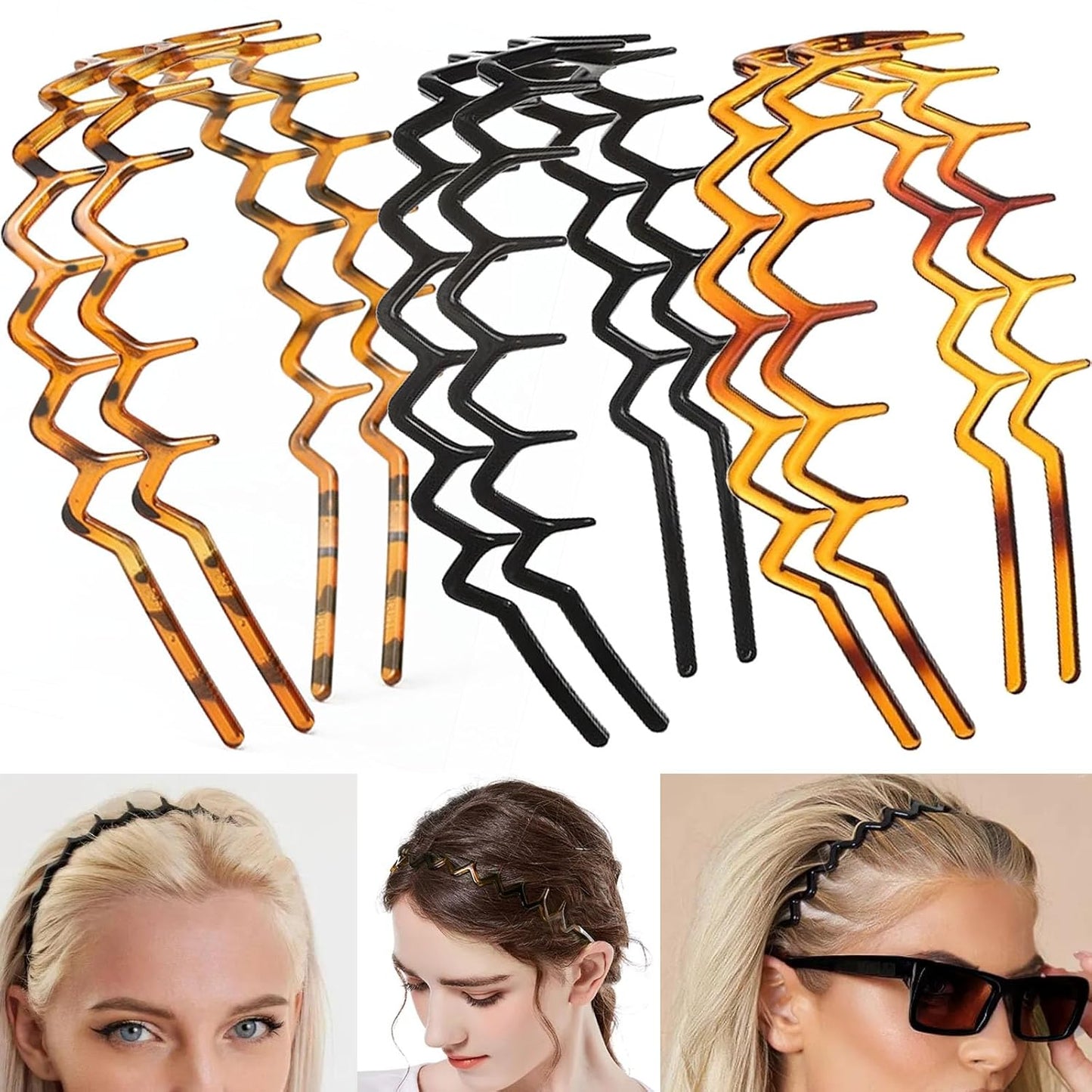 Zig Zag Headbands - 6 PCS Wavy Hair Comb Accessories for Women | Classic Black & Retro Leopard