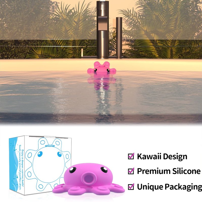 Silicone Bathtub Overflow Drain Cover with Suction Cup - Adds Inches of Water for Deeper Bath, Deep Pink