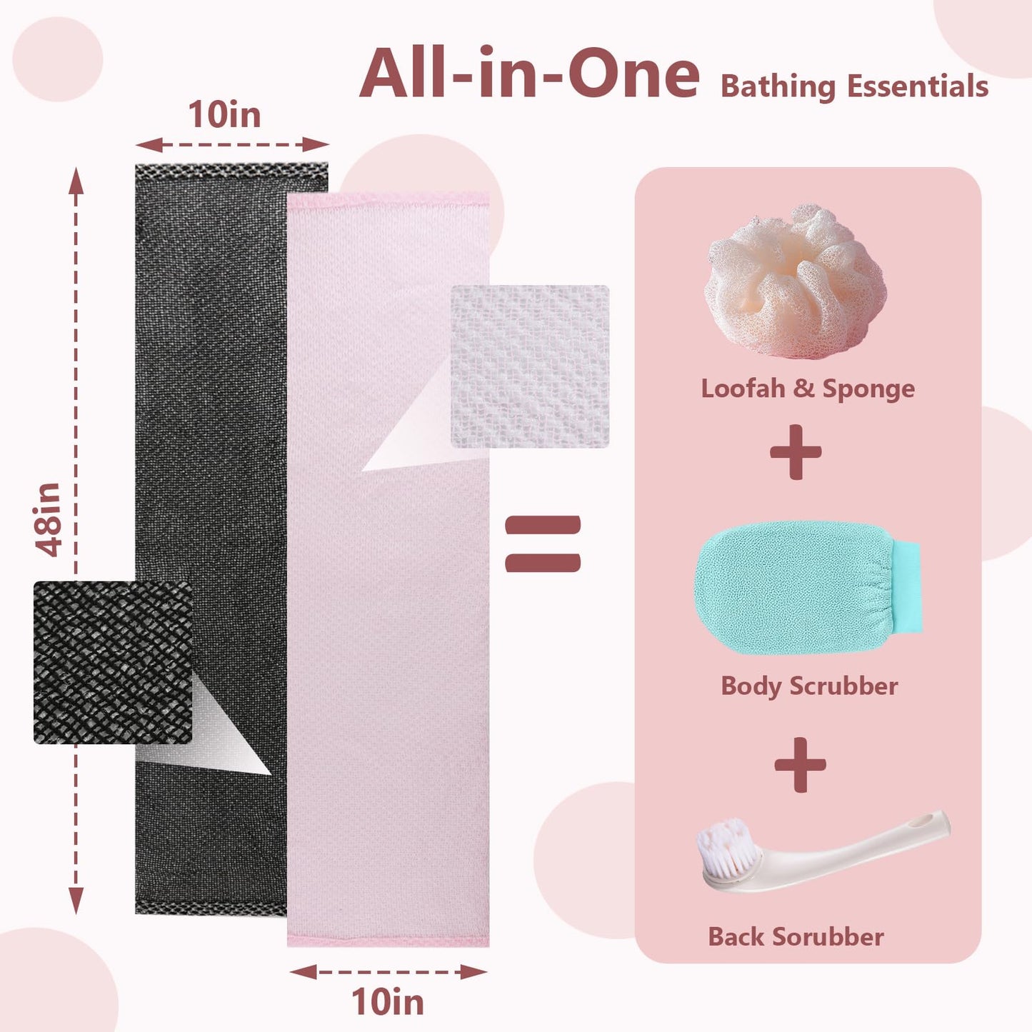 Miracle TQ Exfoliating Shower Towel 48" Dual-Sided Washcloth, Body & Back Scrubber w/Hexagon Woven, Silver Ion, Carbon Fiber, Deep-Cleansing, Quick-Drying, Rip-Resistant, All Skin Types (Black（1PC）)