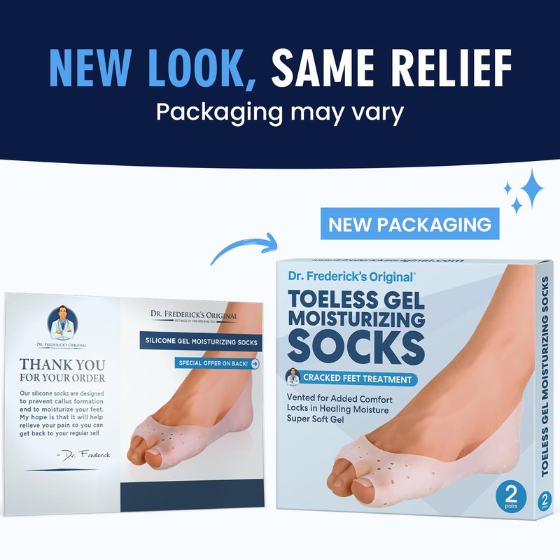Dr. Frederick's Original Moisturizing Gel Socks - 2 Pairs - Silicone-Feel Socks for Dry Cracked Feet Women & Men - Foot Moisturizing Socks for Cracked Heel Treatment - Day & Night Spa Socks