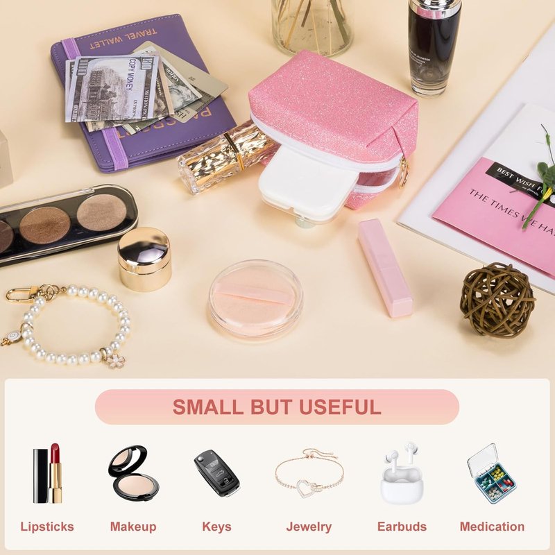 Mini Makeup Bag - Portable Soft PU Leather Cosmetic Pouch | Glitter White Travel Lipstick Holder