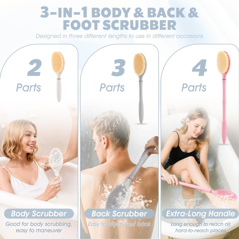 GEENOA New Back Scrubber Anti-Slip for Shower, 18.9‘’ Adjustable Shower Back Scrubber with Dual-Side Head & Soft Bristles, Extra-Long Shower Brush Bath Brush for Lathering Cleansing(White-L)
