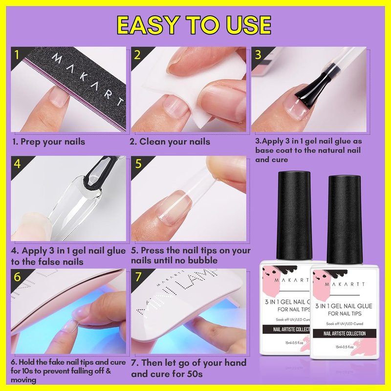 Makartt Gel Nail Glue: 3 in 1 Nail Glue Acrylic Nails Extension Super Strong Adhesive Bond Long Lasting Brush on Glues for Tips, Base Coat & Slip Solution, & Stick Rhinestone, Curing Needed, 2pcs 15ml