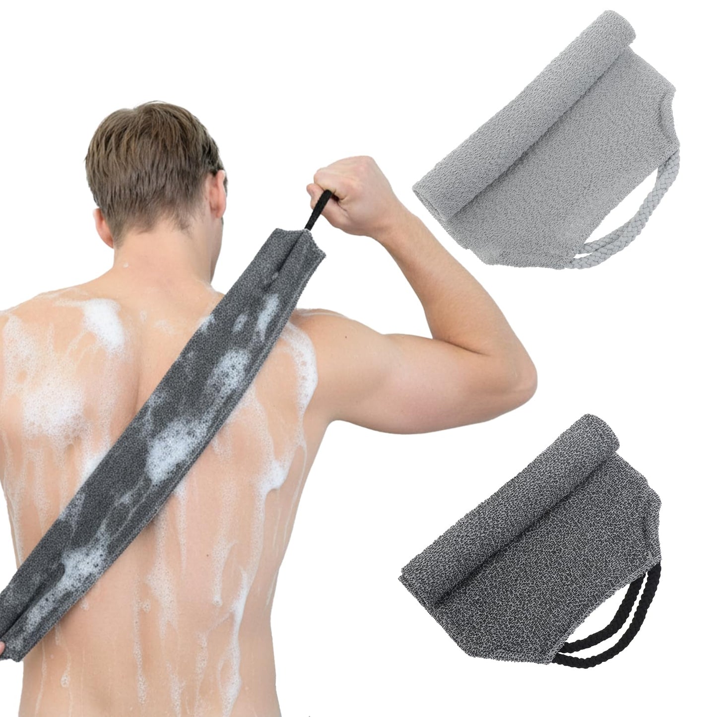 JJUNW 2 Pcs Double Back Exfoliator Body Towel Scrubber, Nylon Exfoliating Back Scrubber with Handles Body Bath Pull Strap Stretchable Cleans Skin Massages Invigorating Blood Circulation for Men Women