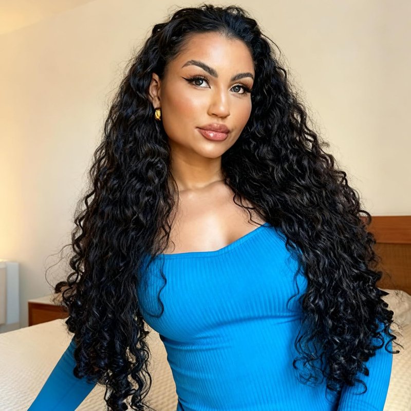 Skiennix Deep Wave Half Wig - 180 Density 26 Inch Human Hair | Seamless Flip Over Design for Easy Wear