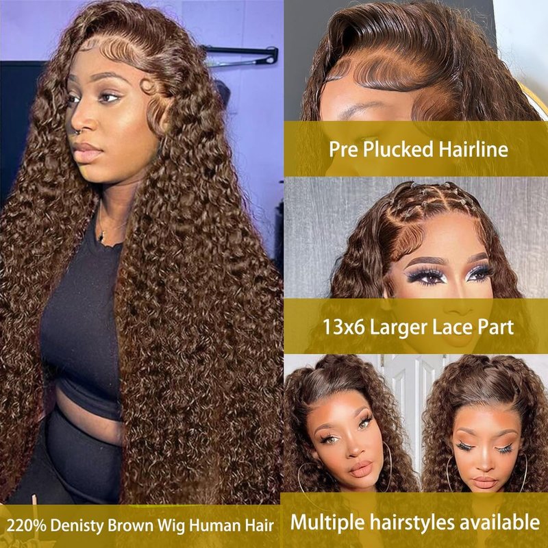 BIANFA 30 Inch Chocolate Brown Deep Wave Lace Front Wigs Human Hair 220 Density 13x6 HD Lace Frontal Wig Curly Human Hair Pre Plucked Wig for Women Brown Glueless with Natural Hairline