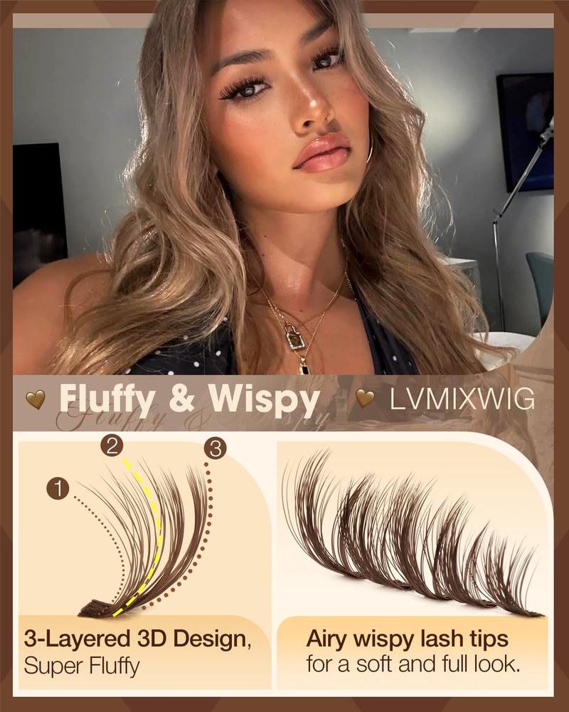 Brown Lash Clusters Fluffy Eyelash Clusters Wispy Cluster Lashes Dark Brown Cluster Eyelash Extensions Volume Individual Lashes 50D Lash Extension 10-16MM D Curly DIY Eyelash Extension by Lvmixwig