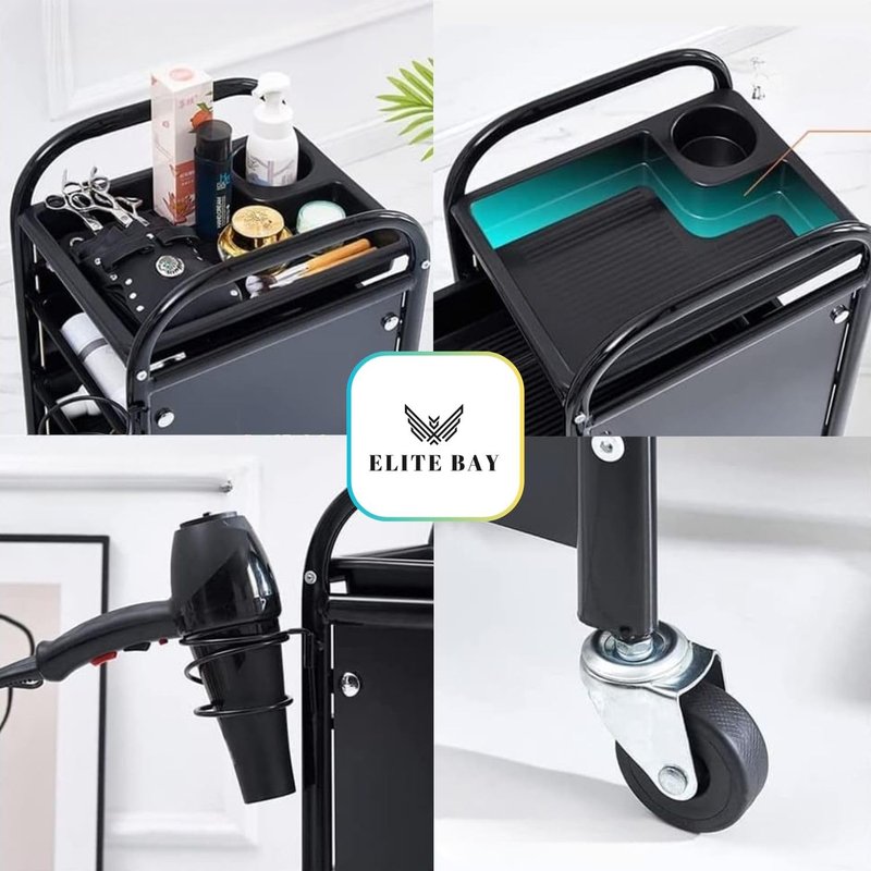 ELITE BAY-Hairdressing Trolley- Metal Salon Rolling Cart Organizer.Durable Beauty Storage Unit with Wheels.Multi-Tier Tray System for Hair Tools, Makeup & Spa Essentials.Black & Gold Finish