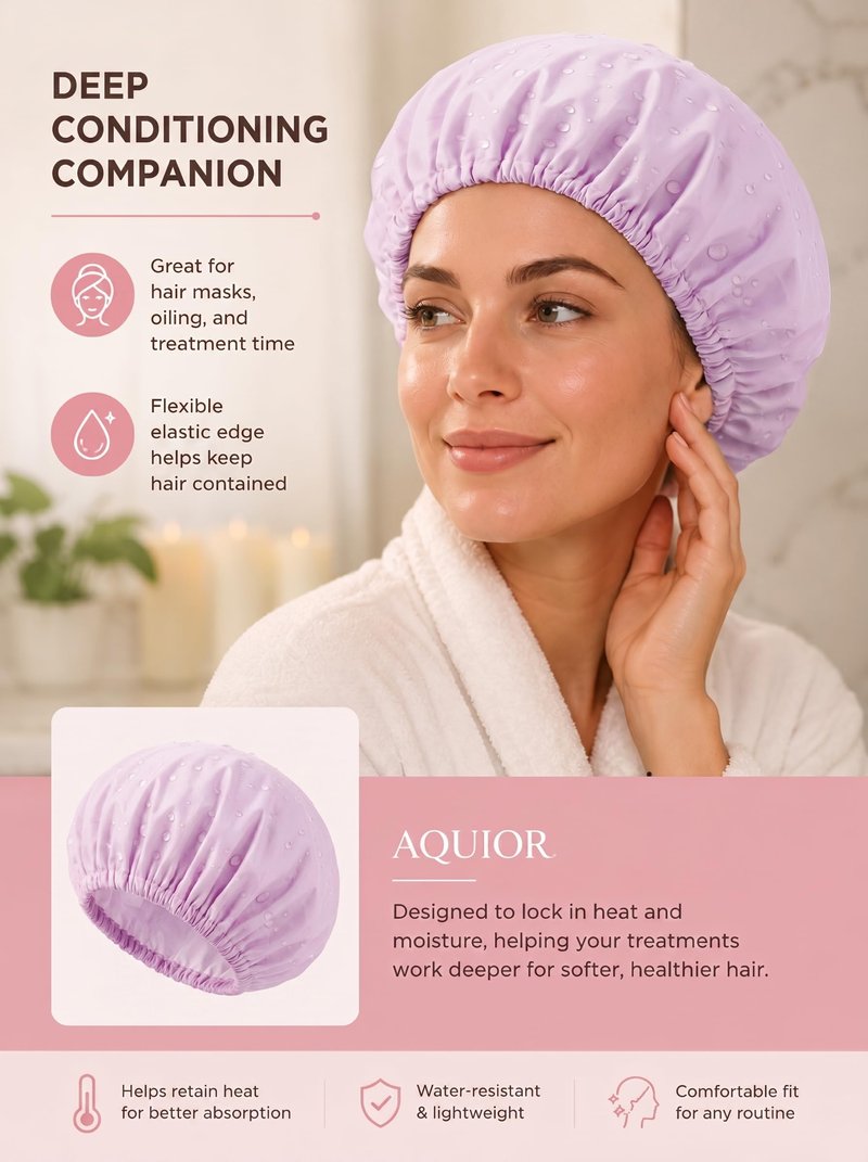 Aquior Shower Caps, Reusable Shower Cap for Women, Waterproof Layer Hair Cap, Large Size for All Hair Lengths,for Girls Spa Home Salon Use (Purple)