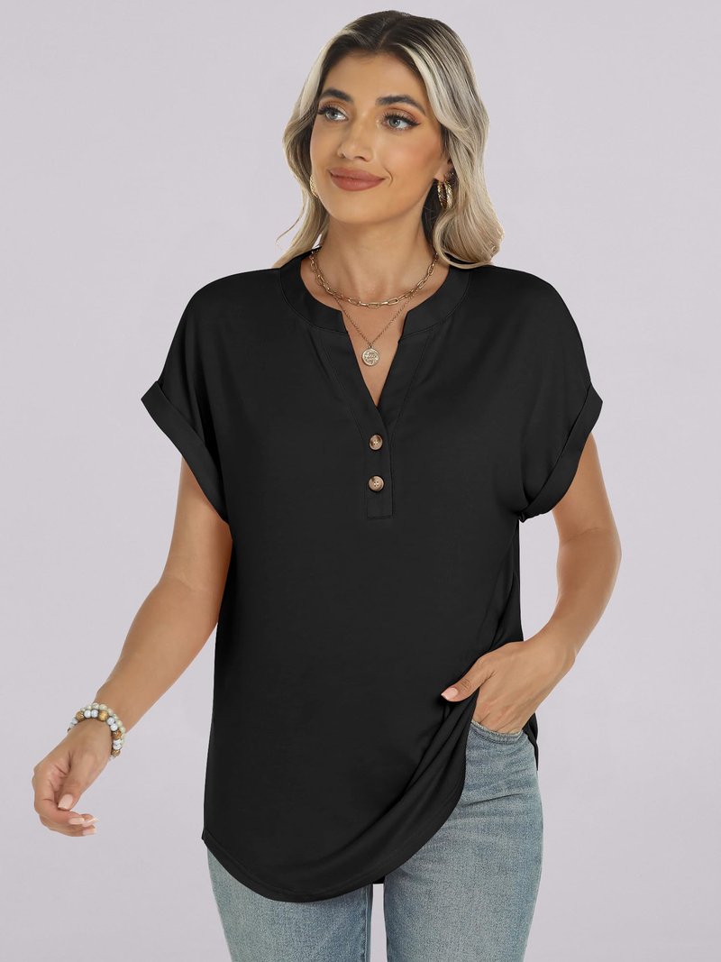 ANRABESS Womens Short Sleeve Henley Tops V Neck Dressy Casual Blouses Summer Trendy Tee Shirts 2026 Vacation Fashion Clothes Black L
