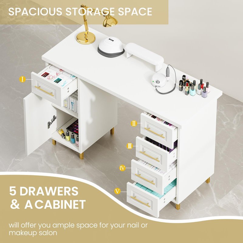 MaverickFurni Nail Tech Desk for Nail Tech, 43 Inch Wooden Manicure Table with Storage, Nail Table with 5 Drawers and Cabinet, Manicure Desk Nail Station (White)