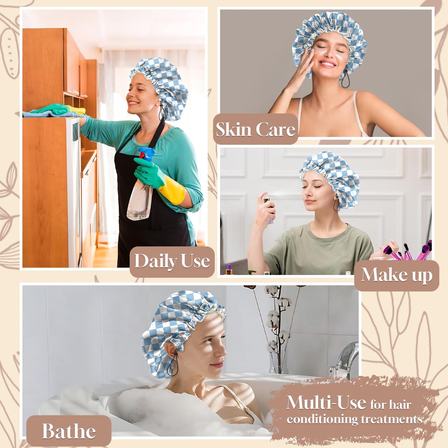 Zewurtuw Luxury Shower Cap Adjustable Reusable Double Waterproof Layer Elastic Satin Lined Hair Bath Cap Cute Aesthetic Women Girls (I28-Blue)
