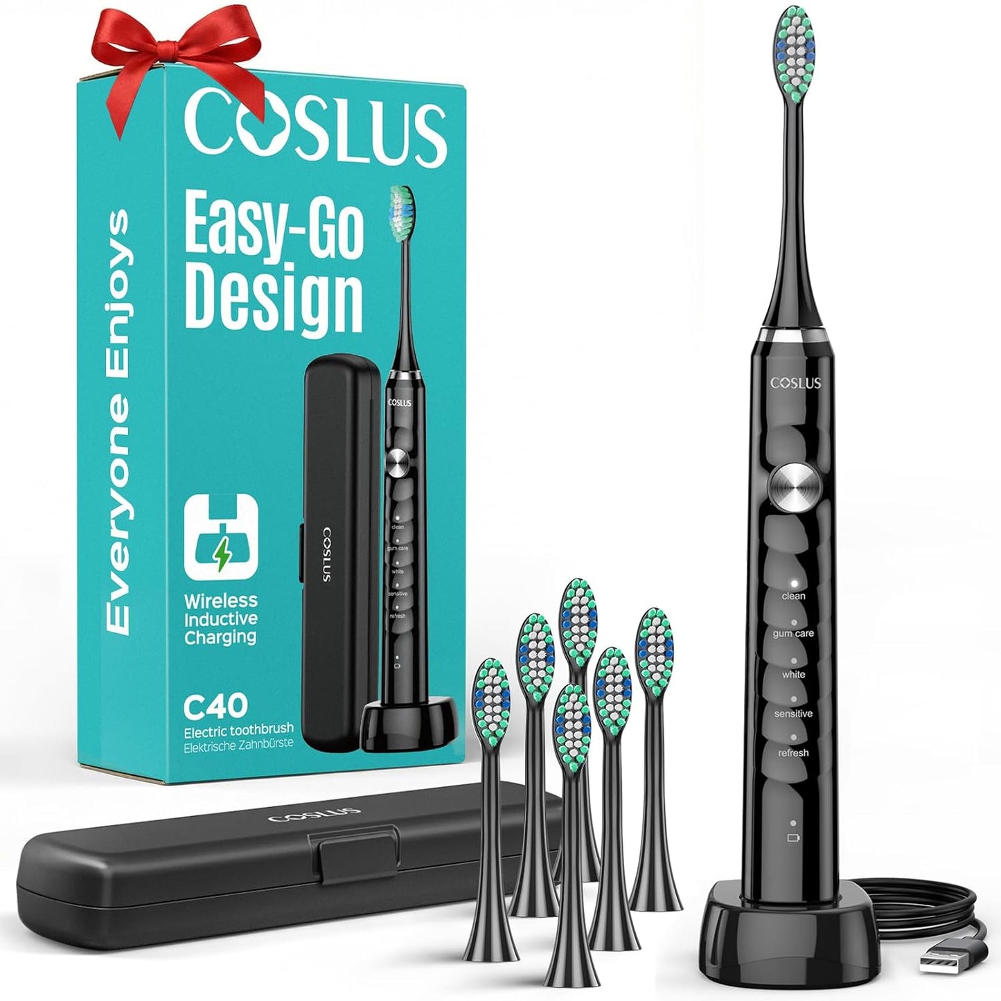 Sonic Electric Toothbrush for Adults - 47000 VPM Deep Cleaning, 5 Modes, Wireless Charging | Black with Travel Case & 6 Brush Heads