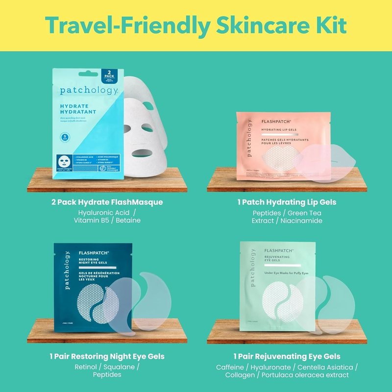 Patchology Travel Facial Kit - Hydrating Skincare Essentials for Face, Eyes & Lips | Includes Under Eye Patches & Sheet Masks