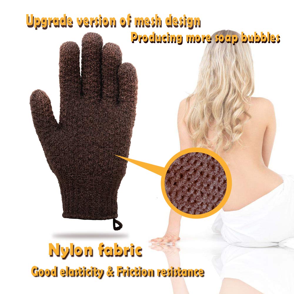 MIG4U Heavy Exfoliating Shower Gloves for Bath, Premium Nylon Body Wash Bathing Gloves for Men Women Spa, Massage and Skin Scrub, Dead Skin Remover with Hanging Loop, Brown,Regular Size