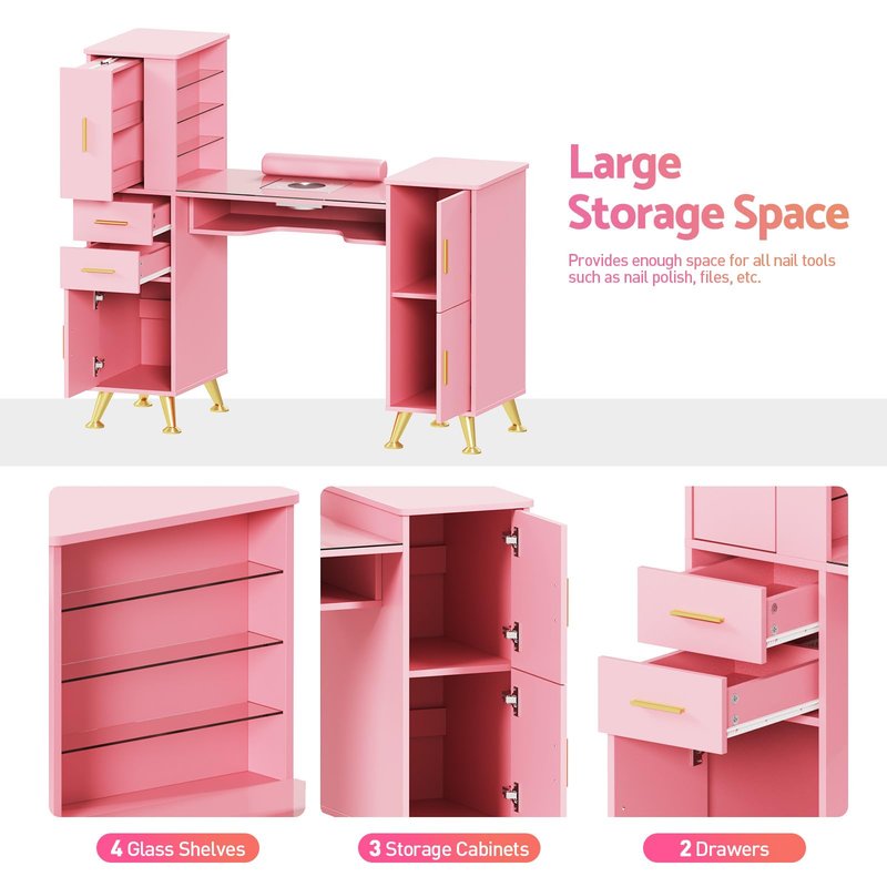 Kikihouse Manicure Table Nail Desk with Glass Top & Wrist Rest, Nail Station with Dust Collector & 4 Dust Bags, Beauty Salon Workstation with Storage Drawers & Cabinet (Pink)