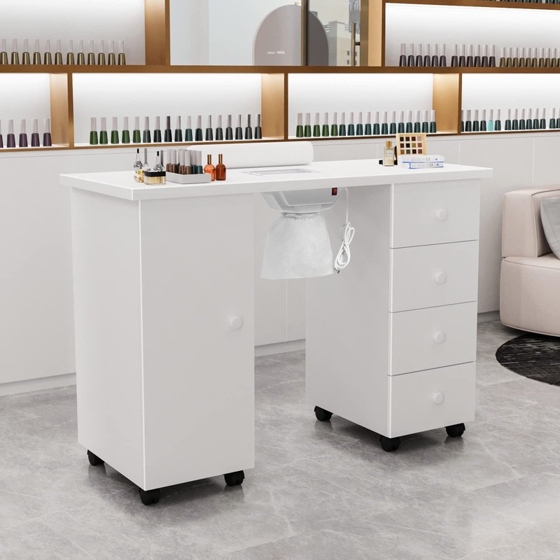 OmySalon Manicure Table Nail Desk for Nail Tech, Nail Table Beauty Salon Tech Station w/Electric Downdraft Vent, Lockable Wheels,Wrist Cushion,Storage Drawers