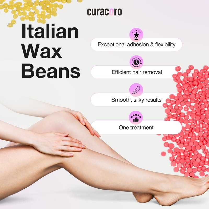 Curacoro Italian Wax Beans - 200g Hard Wax Beads for Full Body Hair Removal on Face, Body, Brazilian, Bikini, Legs, Underarms, Skin-Friendly Waxing Beads for Women & Men, Made in Italy (Orange)