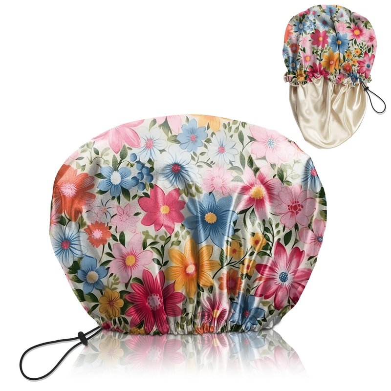 BHAHB Luxury Shower Cap Satin Lined Reusable Waterproof Double Layer Elastic Adjustable Hair Bath Cap Cute Aesthetic Women Girls-Flowers