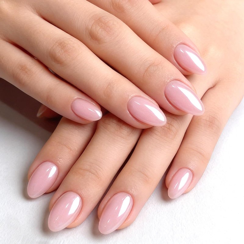Pink Press On Nails Short Almond Fake Nails Chrome With Metal Mirror Design Artificial Glossy Acrylic Nails Glossy Full Cover False Nail Cute Stick On Nail For Women Manicure Decoration 32pcs