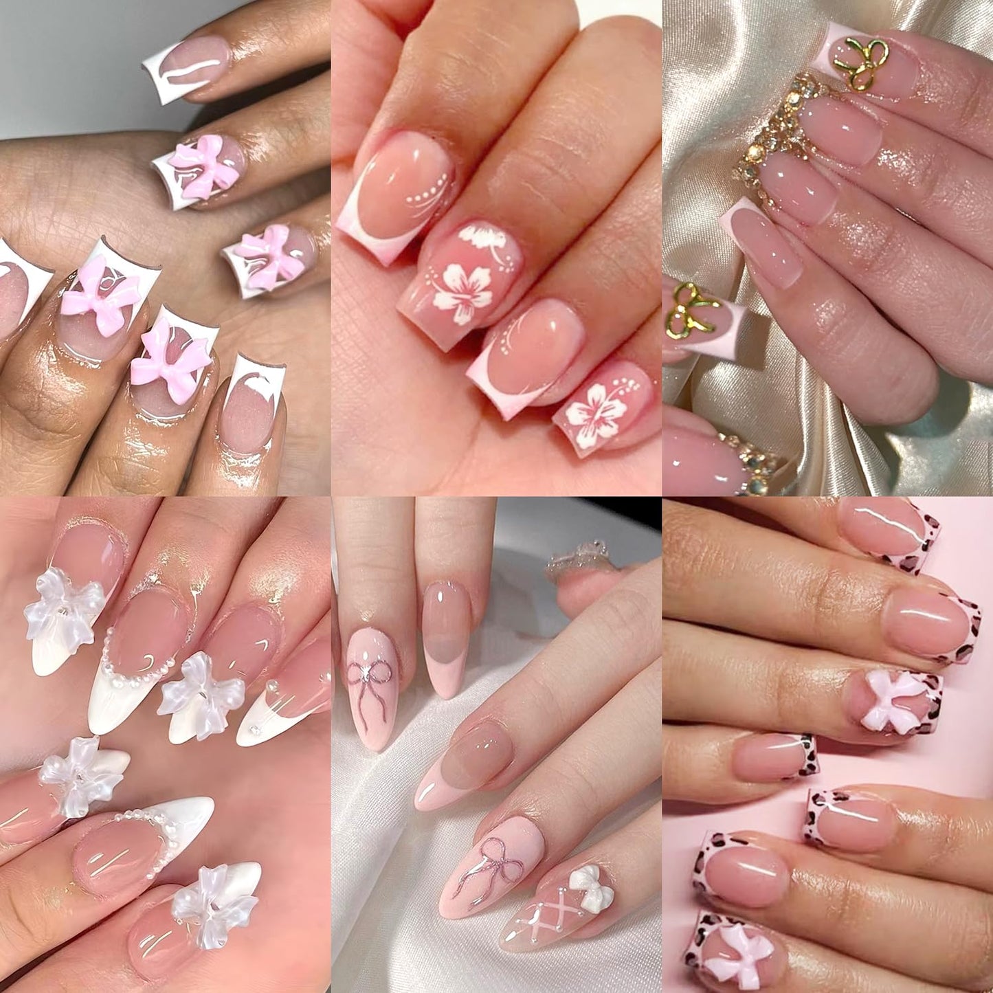 Skiennix Reusable Press-On Nails - 144 Pcs in 12 Sizes & 6 Styles | Cute Bow Design
