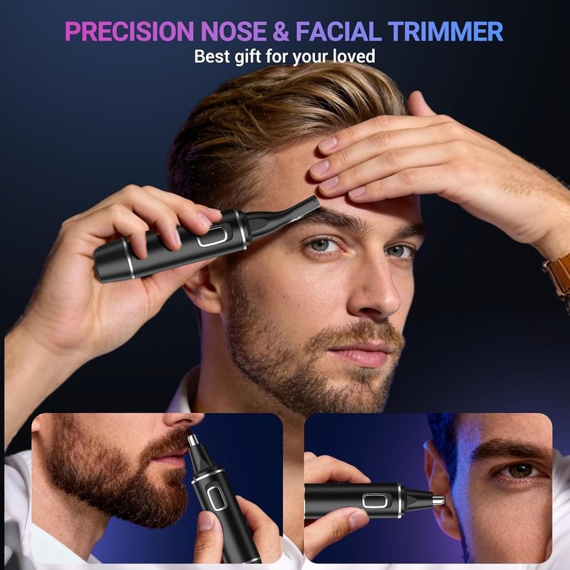 Nose Hair Trimmer for Men - Rechargeable 2-in-1 Ear & Nose Trimmer | Painless Eyebrow & Facial Hair Removal - Waterproof Black