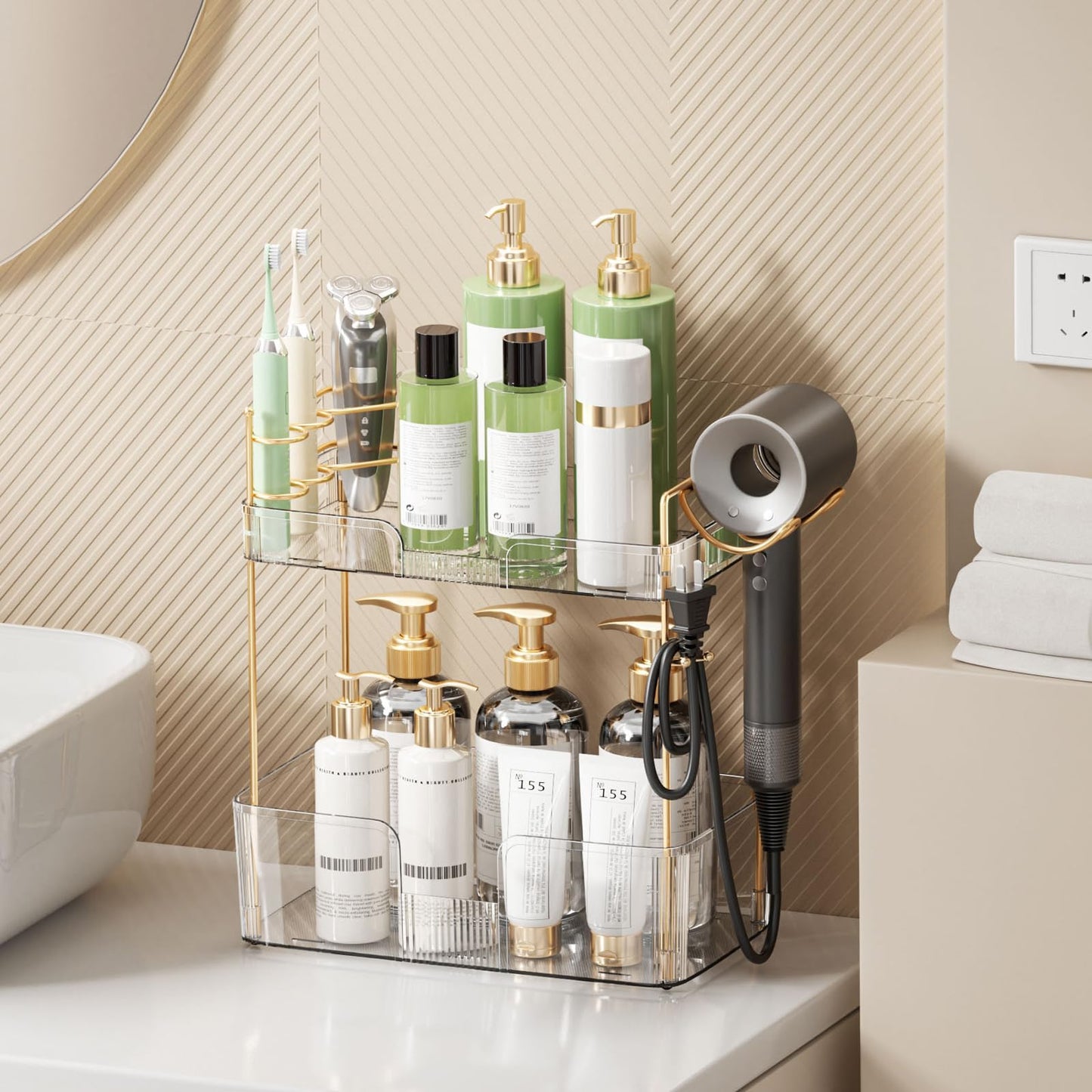 Weidace Bathroom Counter Organizer for Vanity, Makeup Organizer Countertop with Holder, Large Capacity Storage Rack, Perfect Large Skincare, Hair Care, Perfume, Easy to Install (Clear, 2Tiers)