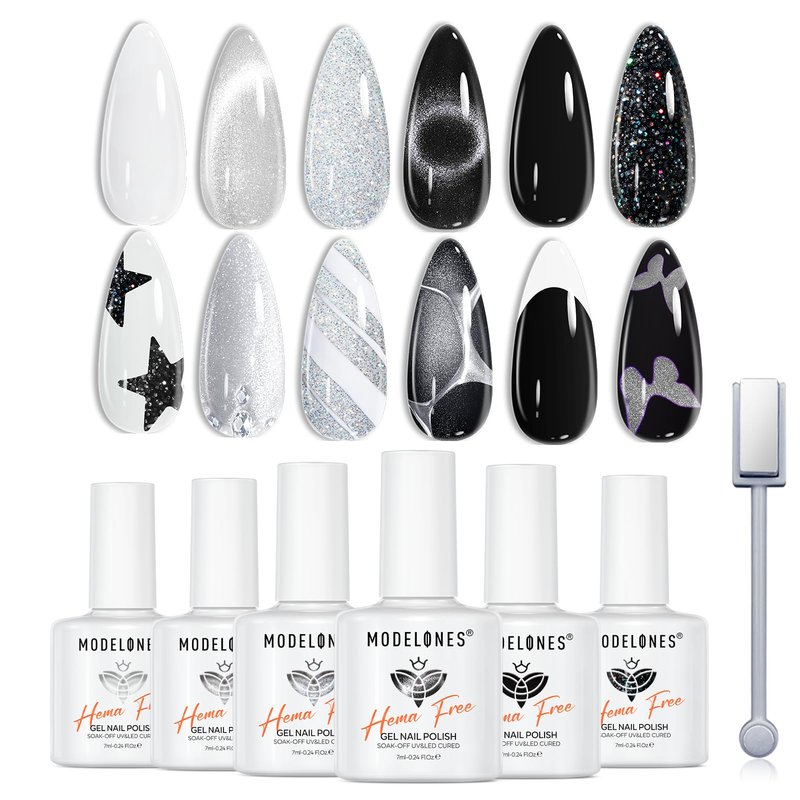 modelones Gel Nail Polish Set, 6 Colors Black White Silver Gray Cat Eye Glitter Shimmer Magnetic Hema & TPO Free Gel Polish Kit Summer Nail Art Manicure Salon Home Gifts for Women Girls Soak Off LED