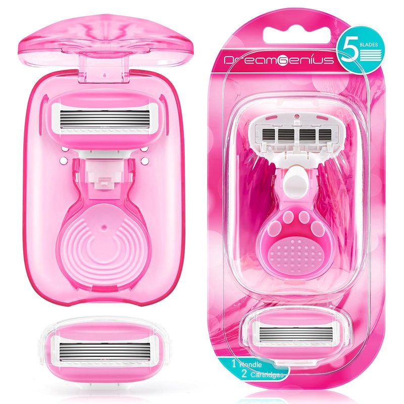 DreamGenius Travel Razor for Women - Extra Smooth 5-Blade Shaving Kit with Case | Pink, Compact Size