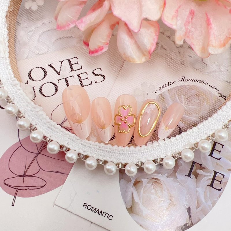 24Pcs Handmade Flower Press on Nails Long Almond Fake Nails White French Tips Glue on Nails Floral with Gold Edge Design Star False Nail Full Cover Spring Summer Stick on Nail for Women