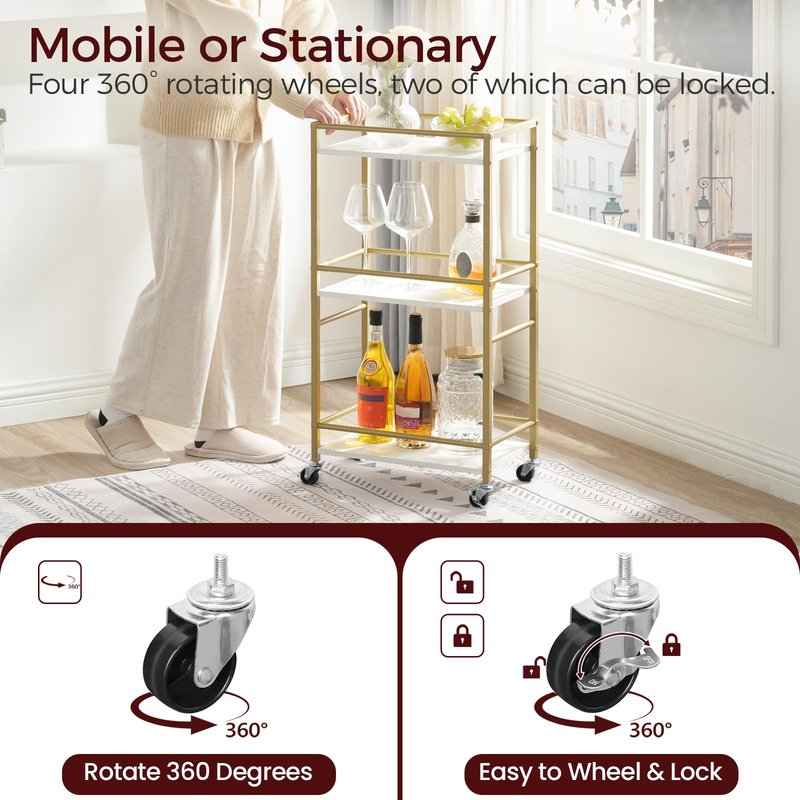 MAHANCRIS Bar Cart for The Home, 3-Tier Drink Cart on Wheels, Home Bar Serving Cart, Mini Bar Cart for Small Space, Rolling Kitchen Carts for Bar, Kitchen, Dining Room, Gold RCJW4001