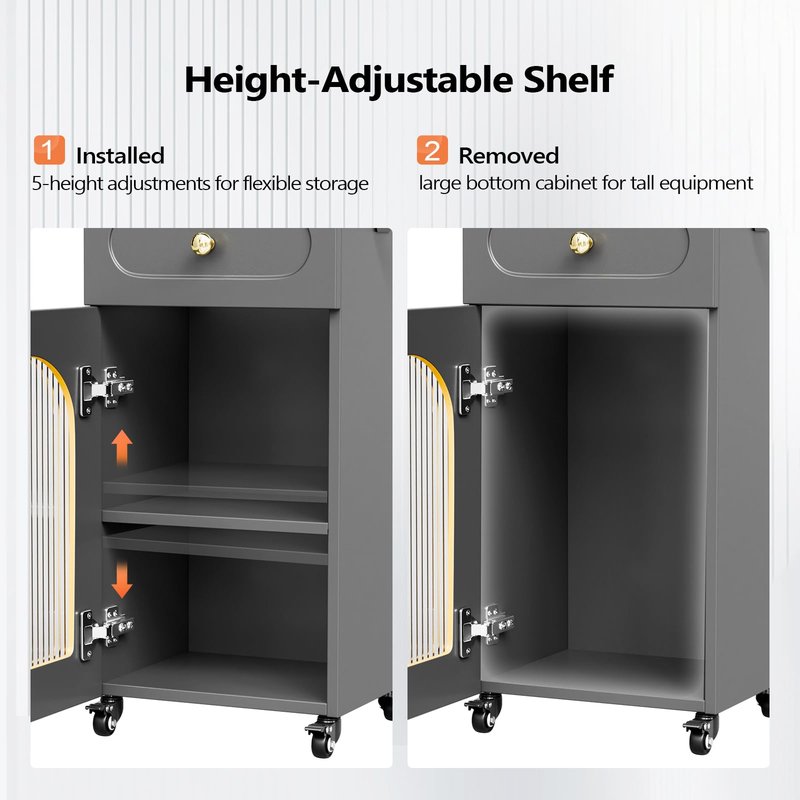 Salon Cart with Wheels & Adjustable Shelf, 3-Tier Rolling Beauty Trolley for Hair Stylist, Barber, Esthetician, Storage Cabinet w/Glass Door & Hair Dryer Holder, Mobile Station for Spa, Tattoo (Gray)