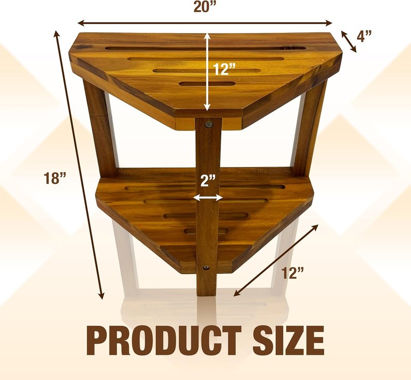 Corner Shower Stool - 20” Acacia Wood Shower Bench with Storage Shelf | Waterproof Foot Rest for Shaving Legs