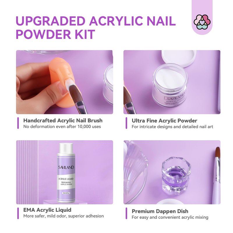 SAVILAND Acrylic Nail Kit for Beginners: White Pink Clear Acrylic Powder and Liquid Set with Nail Dehydrator Primer Brushes Forms Tips Tools Nails Kit Acrylic Set with Everything Home DIY
