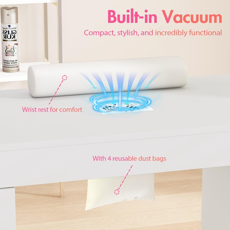 Manicure Table for Nail Tech w/ LED Light Display Cabinet, Nail Desk with Lockable Wheels, Dust Collector, Drawers, Wrist Rest, Acetone-Resistant, for Beauty Salon, Spa & Home Workstation (White)