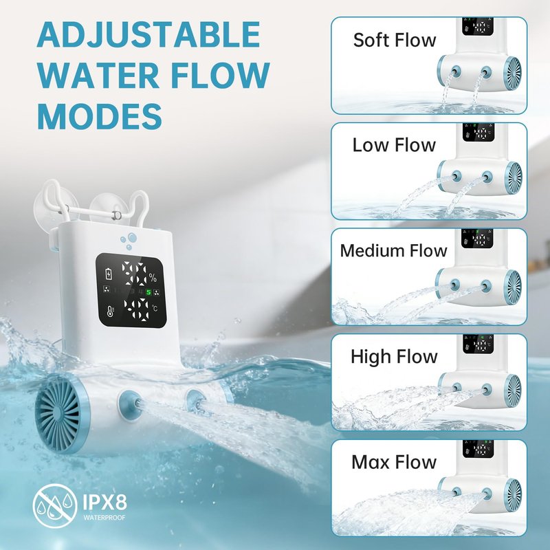 Bath Jets for Tub, TAREIDEW Dual Outlet Bathtub Jet Spa, Jet & Bubble Modes, 13000mAh Rechargeable Bath Jet with Loofah, 5-Speed Adjustable, IPX8 Waterproof, Home Spa Relaxation Gift, White/Blue
