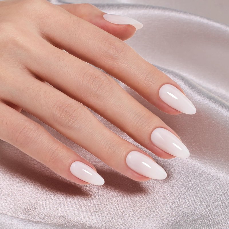 Beetles Milky White Press On Nails Medium Almond - Natural White Almond Press On Nails Soft Nail Gel with Nail Glue Adhesive Tabs Nail File Cleaning Wipe Cuticle Stick, 16 Sizes 32pcs